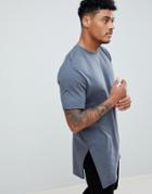 Asos Design Super Longline T-shirt With Extra Long Side Splits And Raw Edges - Gray
