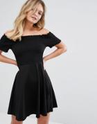 New Look Shirred Bardot Skater Dress - Black