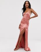 Club L London Satin Plunge Front Maxi Dress With High Thigh Split In Rose Pink - Pink