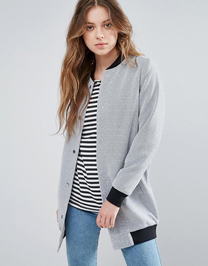 First & I Metallic Longline Bomber - Silver