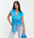 River Island Petite Sleeveless Satin Knot Front Shirt In Bright Blue