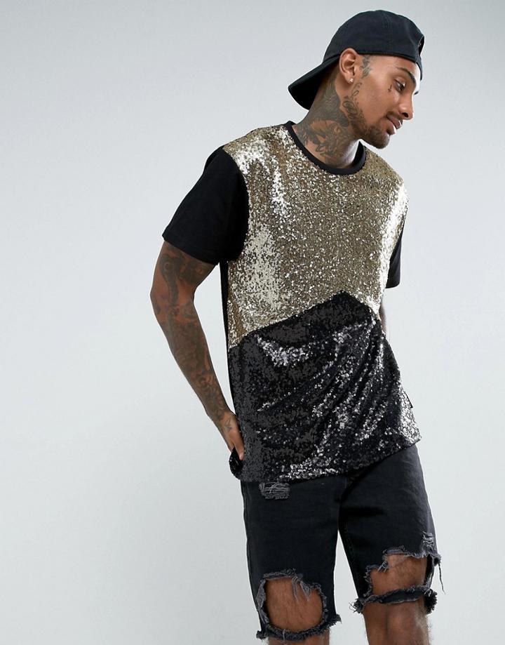 Jaded London T-shirt In Black And Gold Sequin - Black
