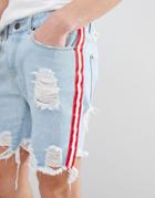 Liquor N Poker Blue Denim Shorts With Side Stripes And Rips - Blue