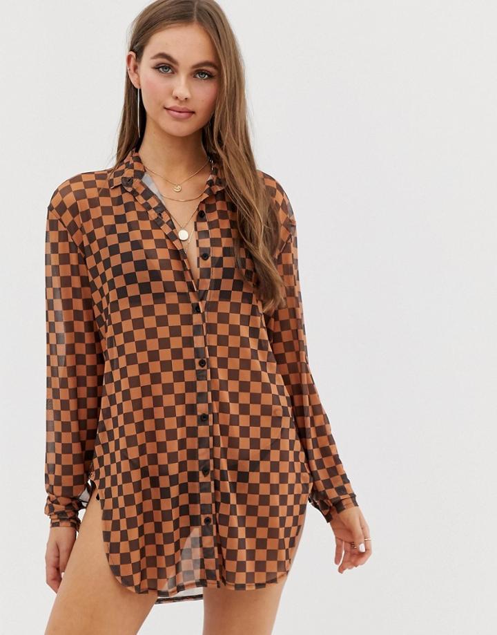 Motel Checkerboard Mesh Beach Shirt In Tan-multi