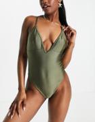 Public Desire High Leg Plunge Swimsuit With Cross Back Detail In Olive Green