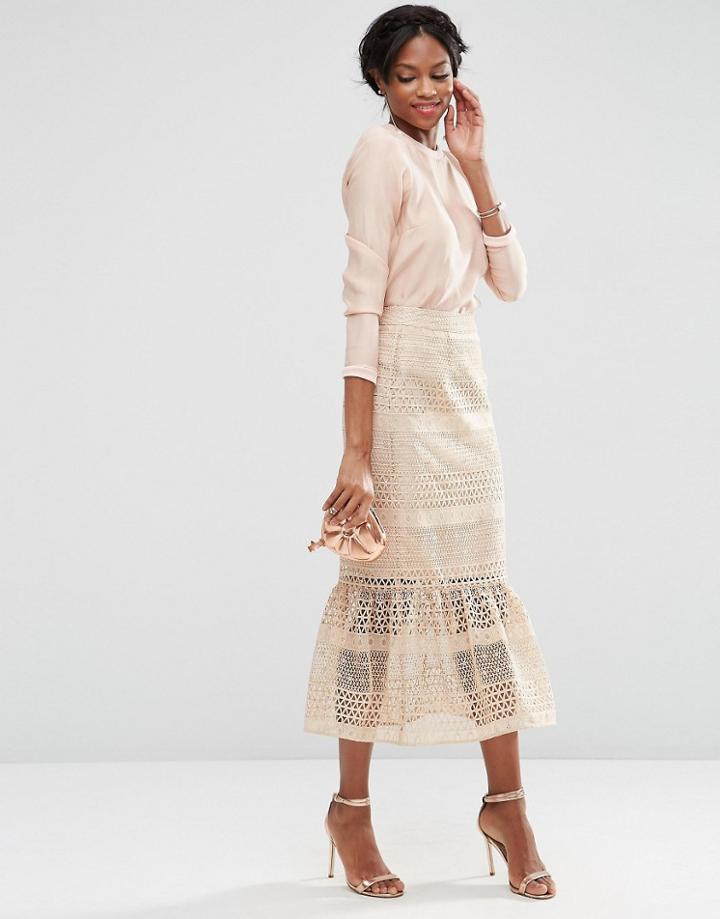 Asos Geo Lace Midi Pencil Skirt With Pep Hem - Nude