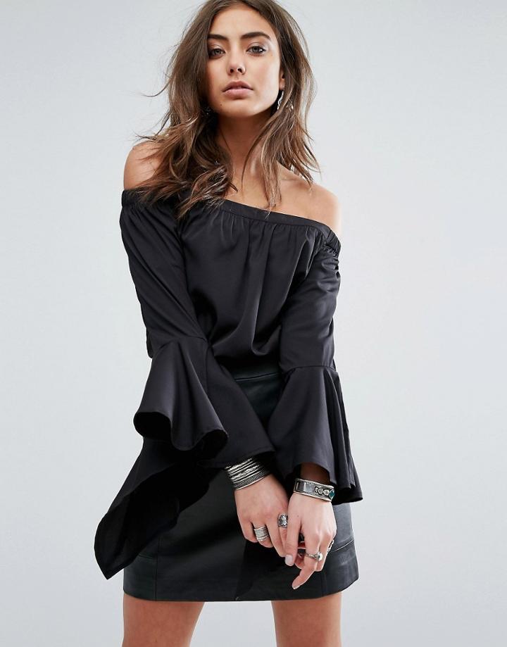 Influence Frill Sleeve Bardot Top - Black