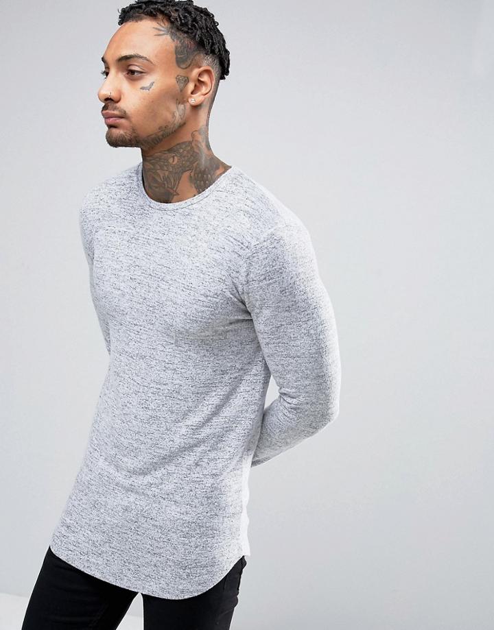 Asos Knitted Longline Muscle Long Sleeve T-shirt With Curve Hem - Gray