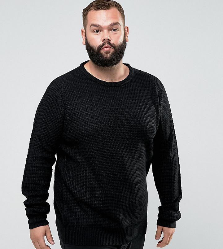 Brave Soul Plus Crew Neck Waffle Knit Sweater - Black