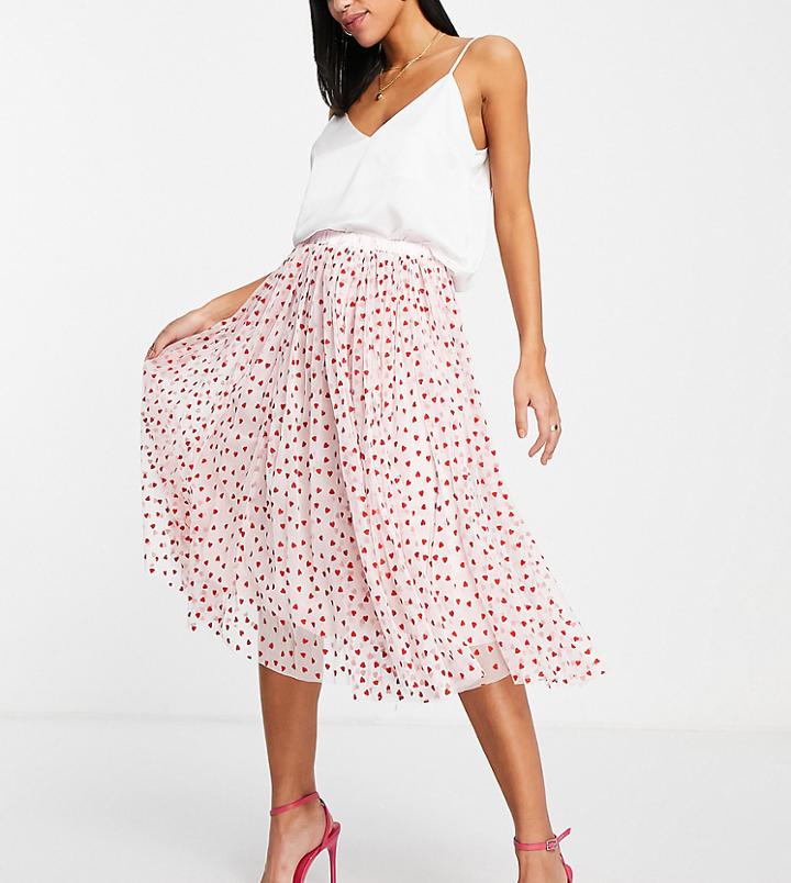 Lace & Beads Exclusive Tulle Midi Skirt In Blush Micro Heart Print-pink