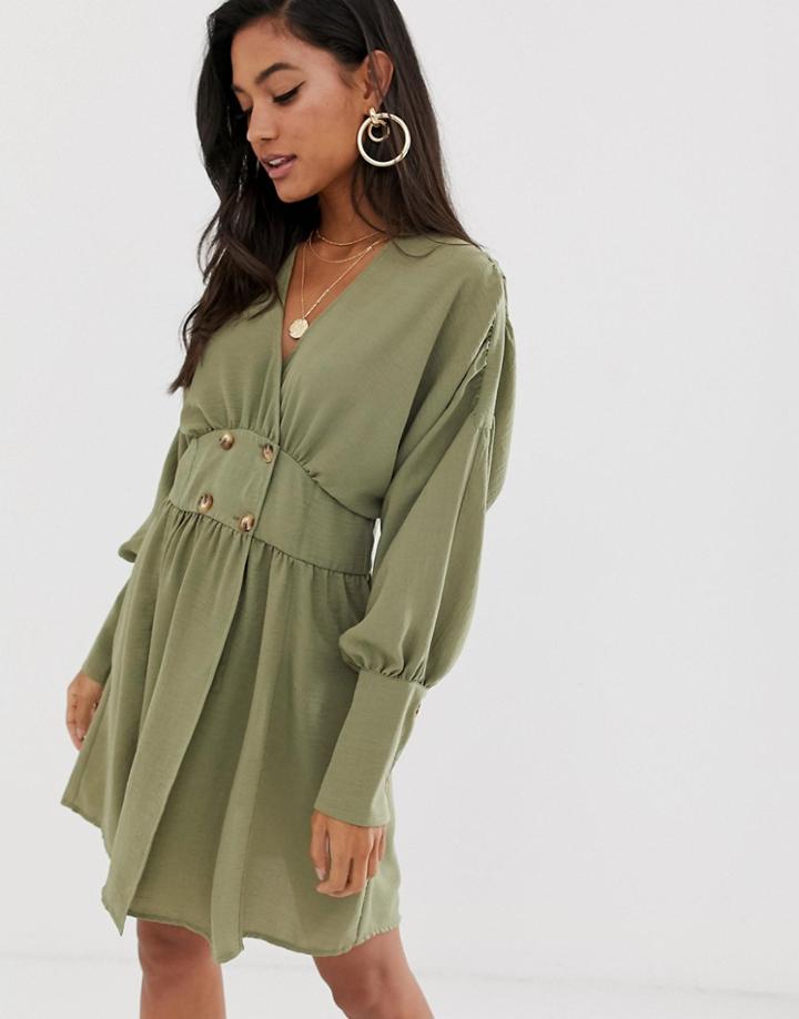 Asos Design Wrap Mini Dress With Faux Tortoiseshell Buttons-green