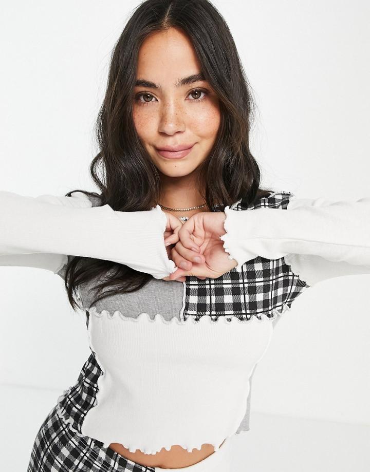 Daisy Street Long Sleeve Crop T-shirt In Patchwork - Part Of A Set-blues