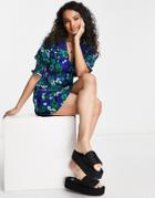 Influence Frill Collar Mini Dress In Bold Floral Print-blue