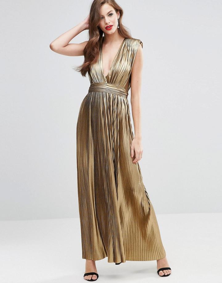 Asos Red Carpet Metallic Pleated Plunge Maxi Dress - Gold