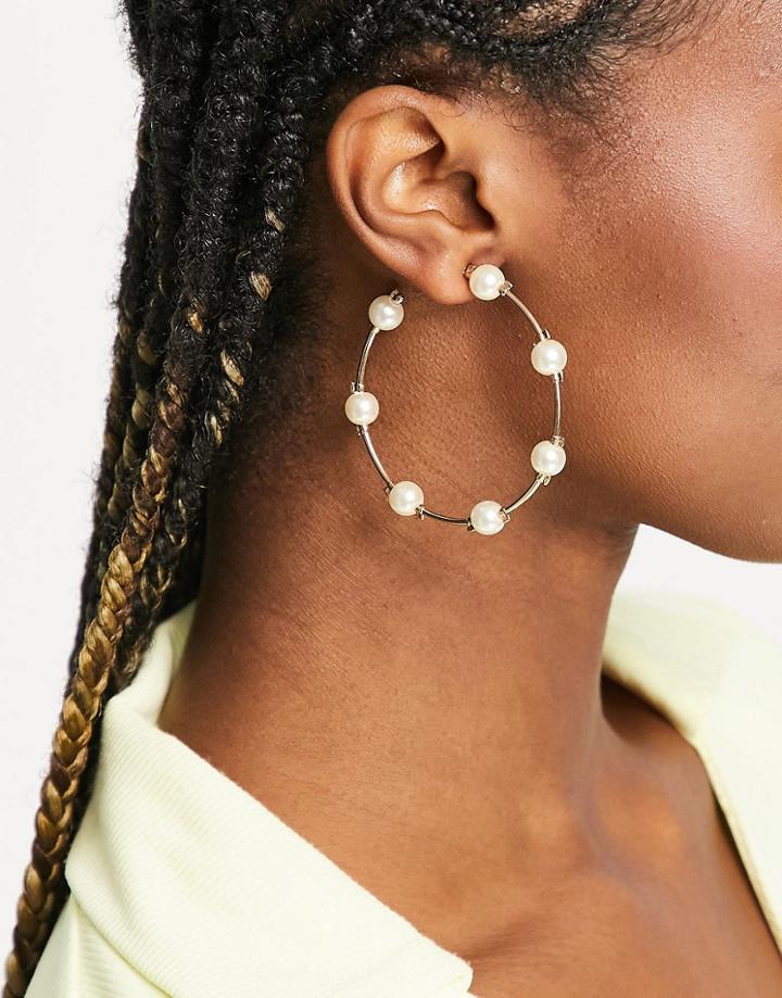 Asos Design Hoop Earrings With Station Faux Pearls In Gold Tone