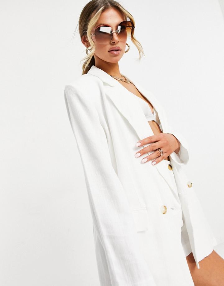 Asos Design Washed Double Breasted Linen Suit Blazer In White