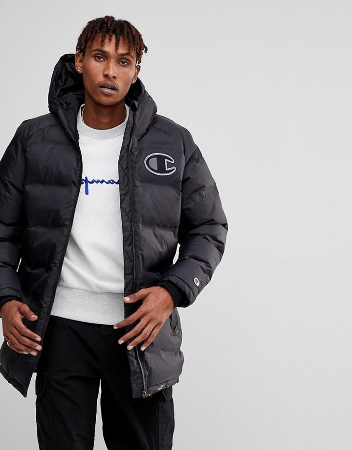 Champion Long Puffer Jacket With Logo - Black