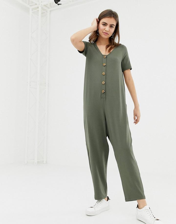 Asos Design V Neck Tortoiseshell Button Front Jumpsuit - Black