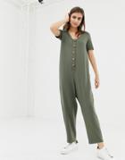 Asos Design V Neck Tortoiseshell Button Front Jumpsuit - Black