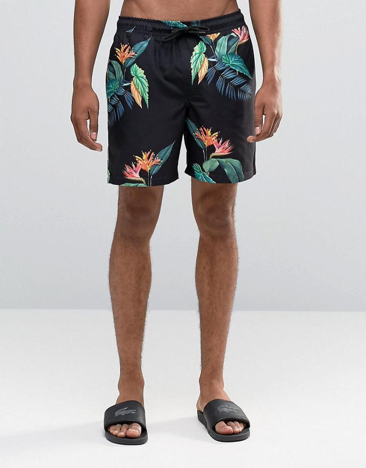 Asos Swim Shorts With Tropical Floral Print In Mid Length - Black