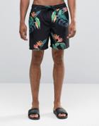 Asos Swim Shorts With Tropical Floral Print In Mid Length - Black