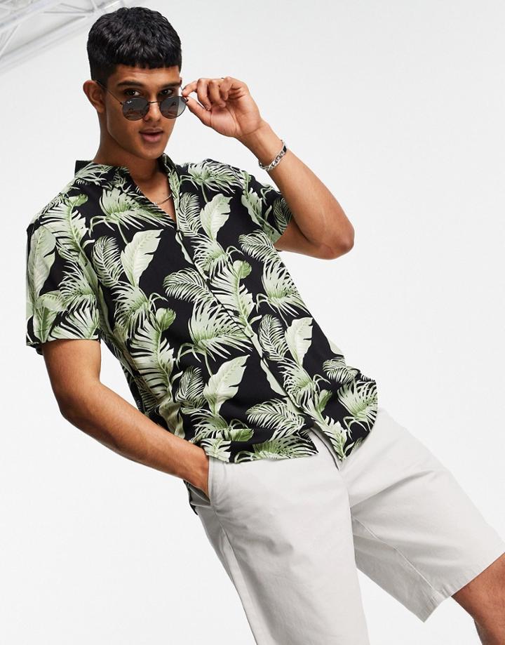 New Look Set Short Sleeve Tropical Print Shirt In Black
