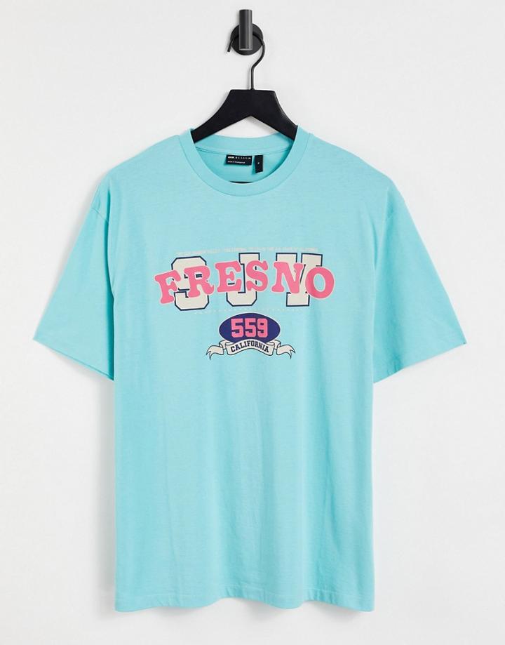 Asos Design Relaxed T-shirt In Aqua Blue With Text Print-blues
