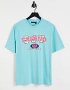 Asos Design Relaxed T-shirt In Aqua Blue With Text Print-blues