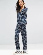 Asos Tall Dragon Satin Shirt & Long Leg Pyjama Set With Metallic Piping - Multi