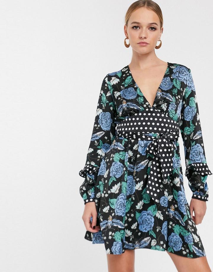 Glamorous Tea Dress With Tie Waist In Floral Polka Dot Mix-black