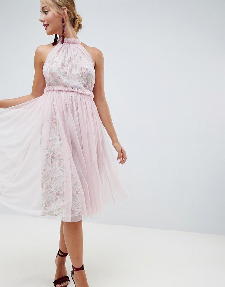 Asos Design Floral Print Midi Dress With Tulle Overlay-multi