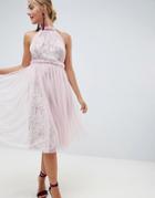 Asos Design Floral Print Midi Dress With Tulle Overlay-multi