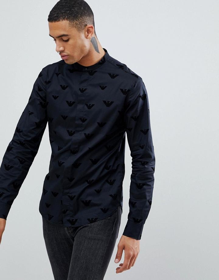 Emporio Armani Slim Fit Grandad Collar Shirt With All Over Flocked Logo In Black - Black