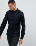 Emporio Armani Slim Fit Grandad Collar Shirt With All Over Flocked Logo In Black - Black
