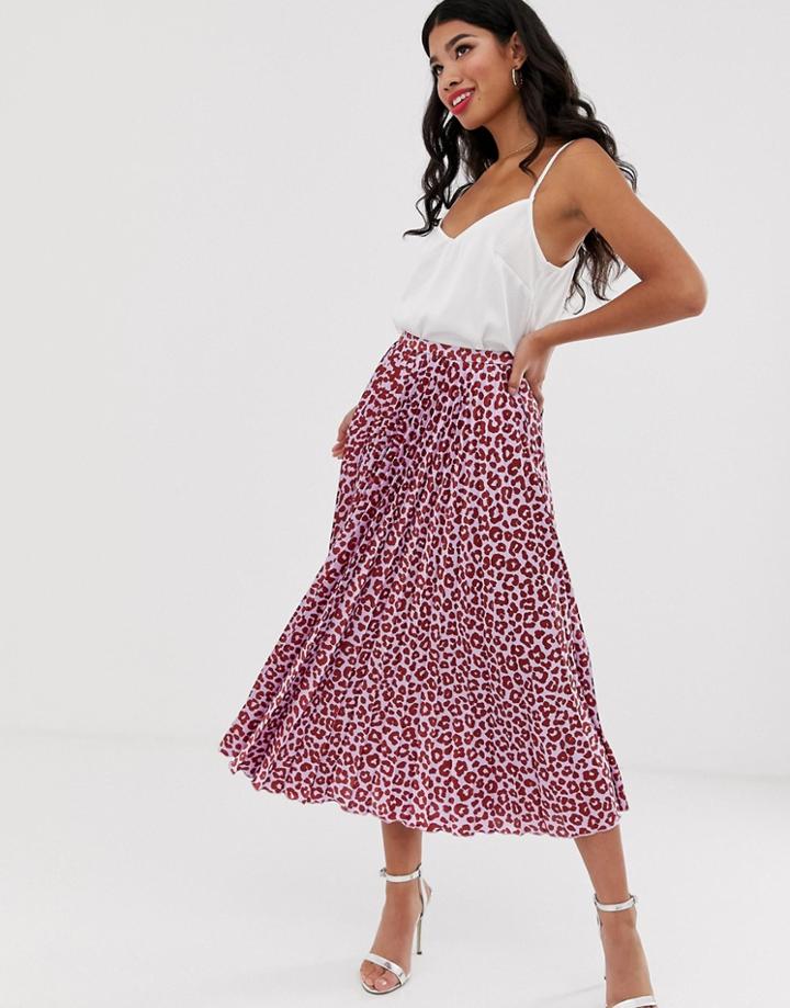 Asos Design Satin Pleated Midi Skirt In Colored Leopard - Multi