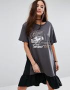 Pull & Bear Frills Logo Print T-shirt Dress - Black