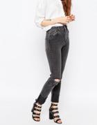 Asos Farleigh High Waist Slim Mom Jeans In Gray With Deep Turn Up & Rips - Gray