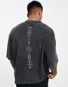 Asos Design Oversized T-shirt In Heavyweight Washed Black With Symbol Spine Print