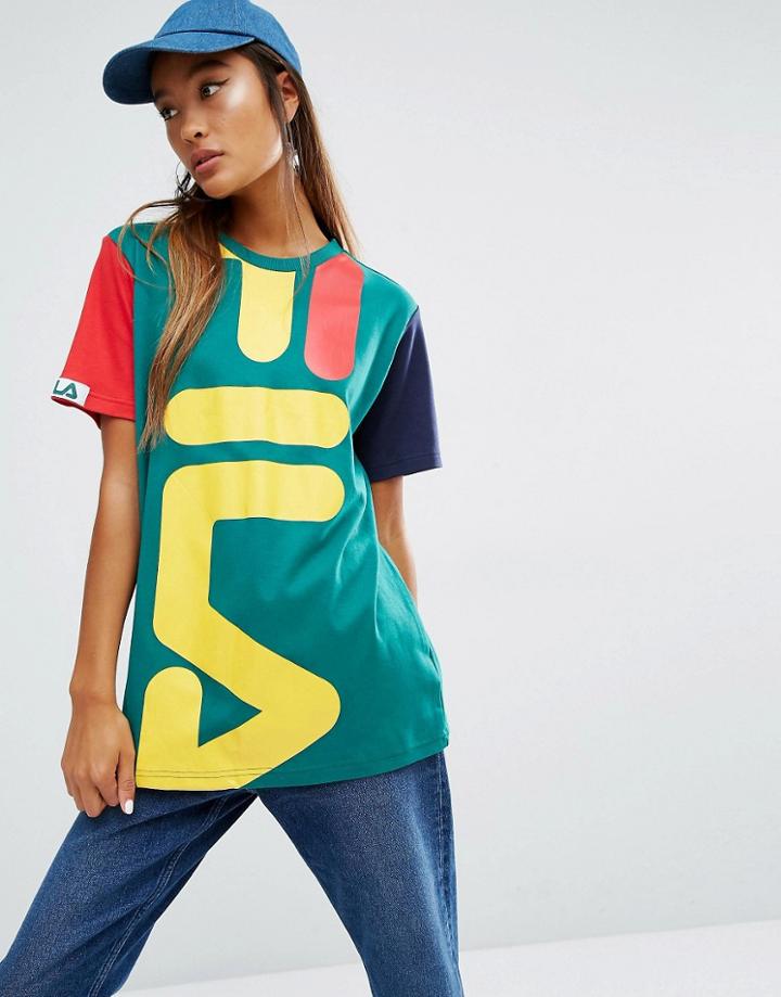 Fila Oversized Boyfriend T-shirt With Giant Logo And Color Block Sleeves - Green