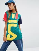 Fila Oversized Boyfriend T-shirt With Giant Logo And Color Block Sleeves - Green