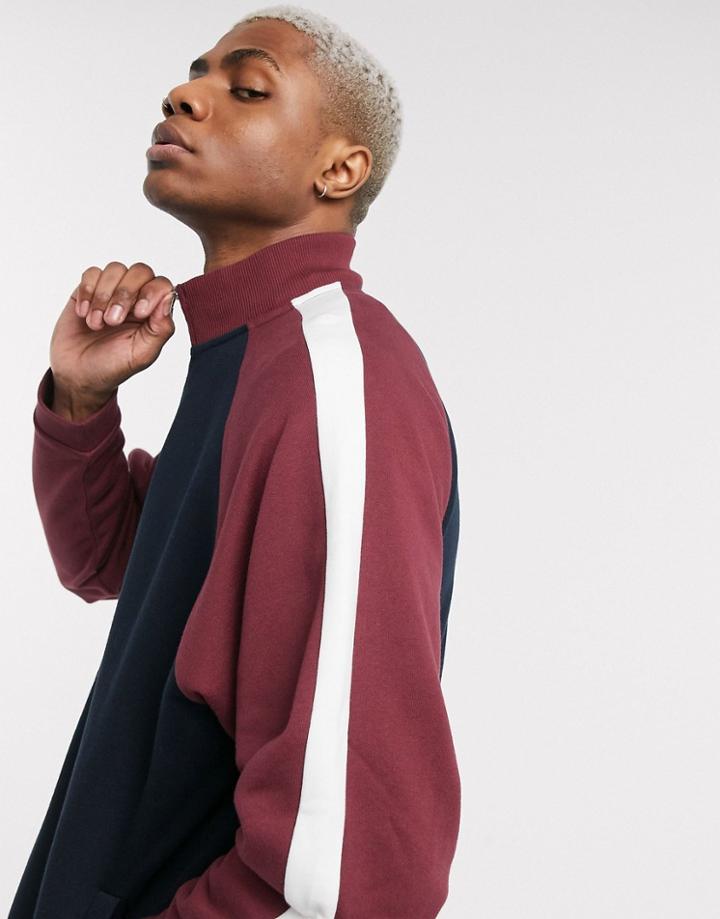 Asos Design Track Jacket With Color Block Sleeve In Navy & Burgundy