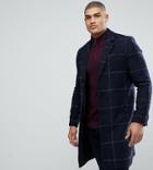 Asos Tall Checked Wool Mix Overcoat In Navy - Navy
