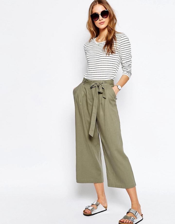 Asos Linen Culotte With Tie Waist - Sage