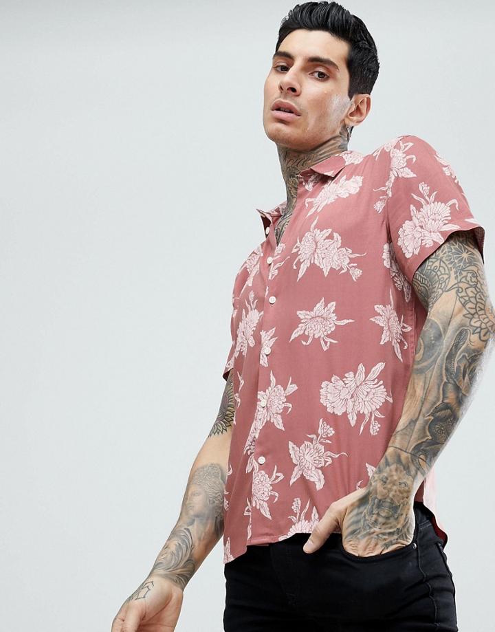 Asos Design Regular Fit Floral Shirt In Pink - Pink