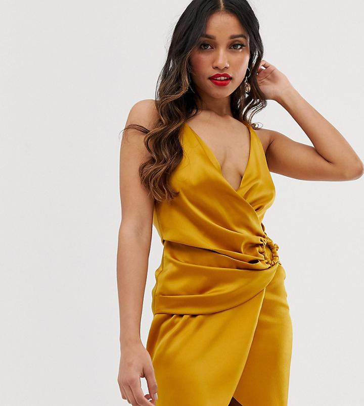 Asos Design Petite Satin Mini Dress With Horn Buckle-beige