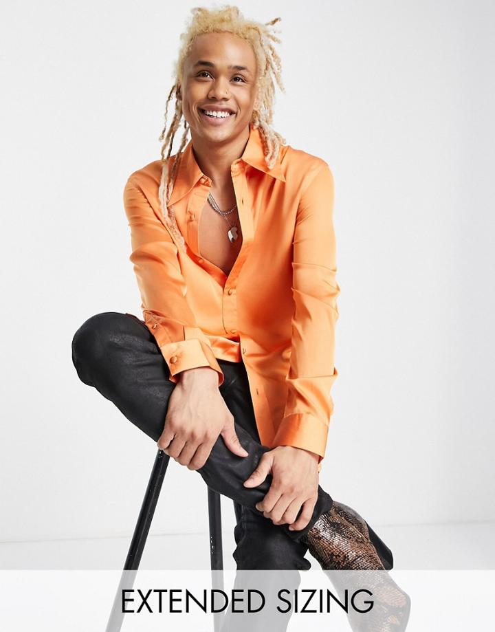 Asos Design Regular Satin Shirt With Ruffle Front In Recycled Polyester In Bright Green - Mgreen-orange