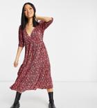 Asos Design Petite Plisse V Neck Midi With Tiered Hem With Long Sleeves In Bright Pink Floral Print