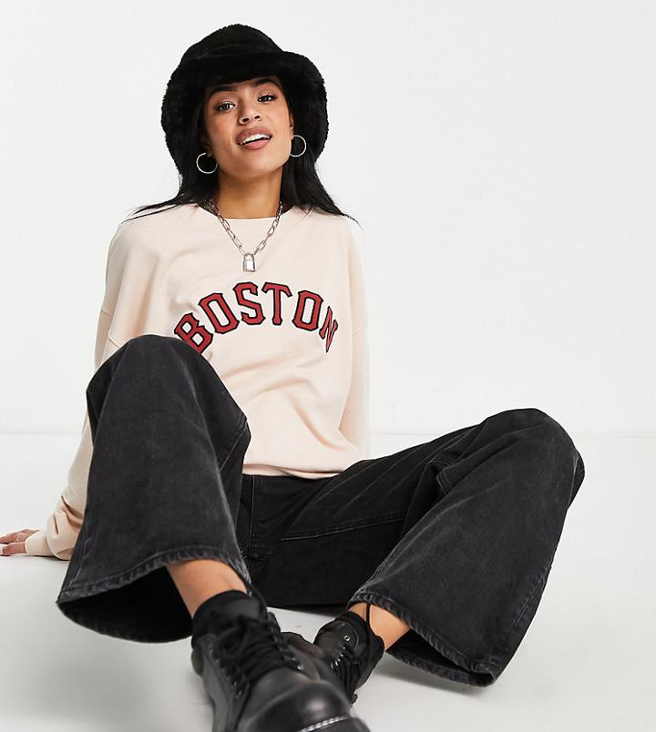 Topshop Petite Boston Logo Sweatshirt In Beige-neutral