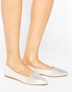 Little Mistress Pointed Glitter Detail Flat Shoes - Silver