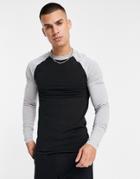 Asos Design Black Muscle Fit Long Sleeve Raglan T-shirt With Contrast Sleeves In Heather Gray